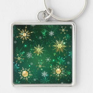 Xmas Golden Snowflakes on Green Background Key Ring
