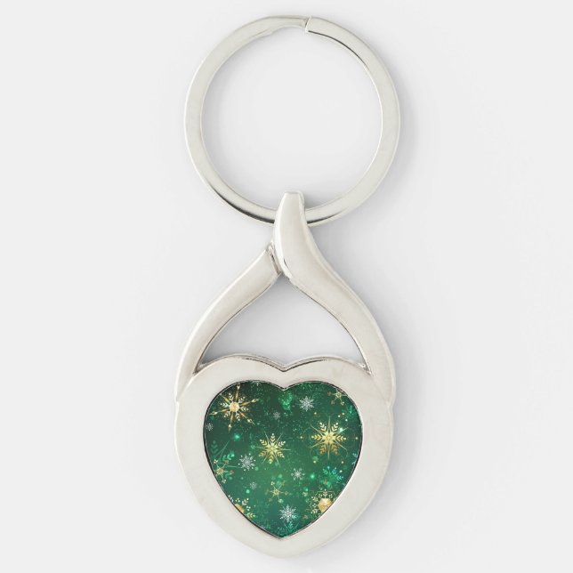 Xmas Golden Snowflakes on Green Background Key Ring (Front)