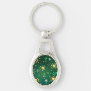 Xmas Golden Snowflakes on Green Background Key Ring