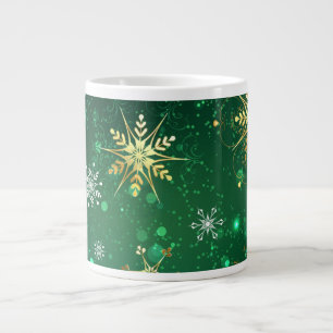 Xmas Golden Snowflakes on Green Background Large Coffee Mug