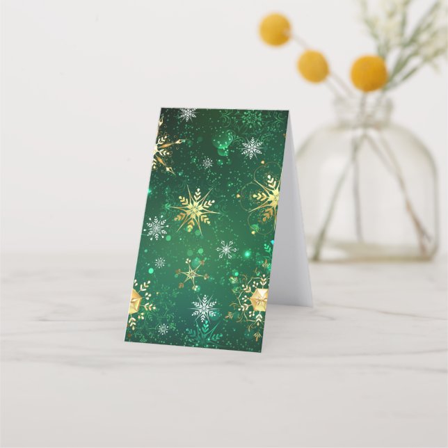 Xmas Golden Snowflakes on Green Background Loyalty Card (Back)