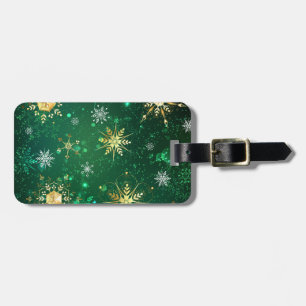Xmas Golden Snowflakes on Green Background Luggage Tag
