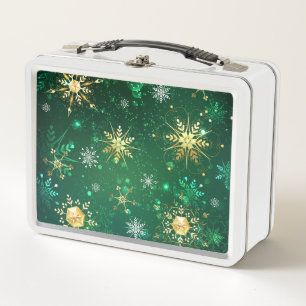 Xmas Golden Snowflakes on Green Background Metal Lunch Box