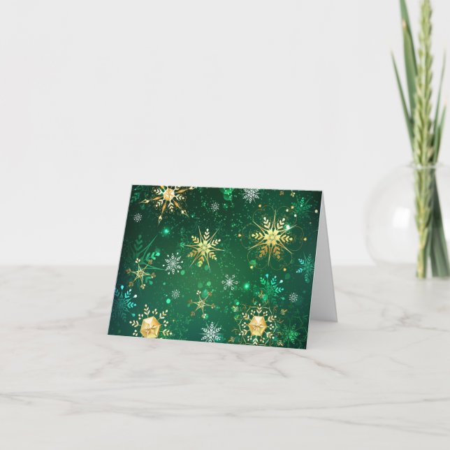 Xmas Golden Snowflakes on Green Background Note Card (Front)