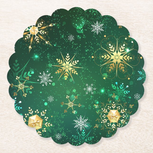 Xmas Golden Snowflakes on Green Background Paper Coaster (Front)
