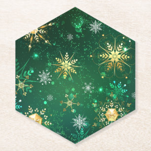 Xmas Golden Snowflakes on Green Background Paper Coaster