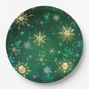 Xmas Golden Snowflakes on Green Background Paper Plate
