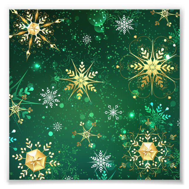 Xmas Golden Snowflakes on Green Background Photo Print (Front)