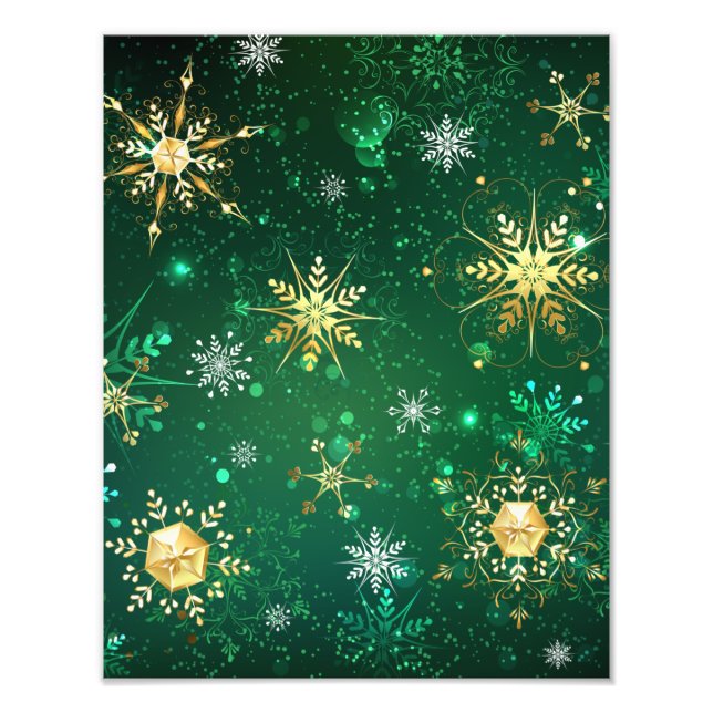 Xmas Golden Snowflakes on Green Background Photo Print (Front)