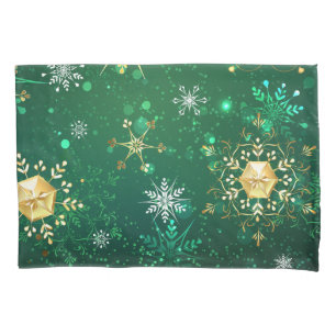 Xmas Golden Snowflakes on Green Background Pillowcase