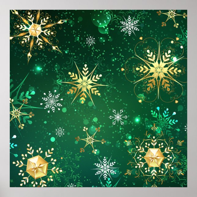 Xmas Golden Snowflakes on Green Background Poster (Front)