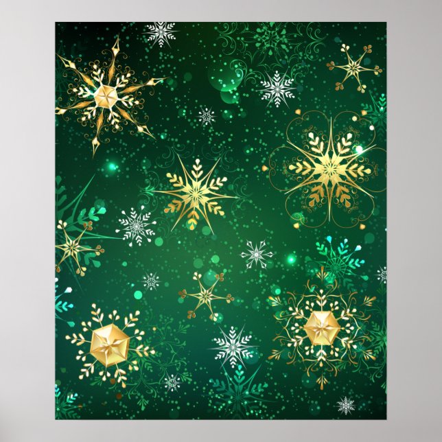 Xmas Golden Snowflakes on Green Background Poster (Front)
