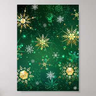 Xmas Golden Snowflakes on Green Background Poster