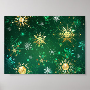 Xmas Golden Snowflakes on Green Background Poster