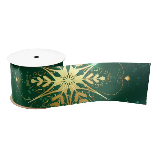 Xmas Golden Snowflakes on Green Background Satin Ribbon (Spool)