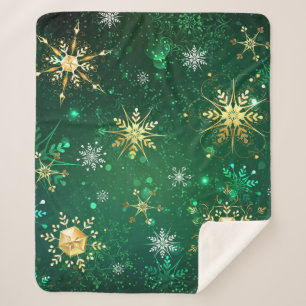 Xmas Golden Snowflakes on Green Background Sherpa Blanket