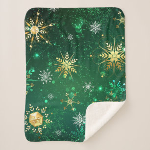 Xmas Golden Snowflakes on Green Background Sherpa Blanket