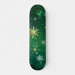 Xmas Golden Snowflakes on Green Background Skateboard