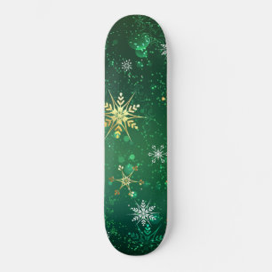 Xmas Golden Snowflakes on Green Background Skateboard