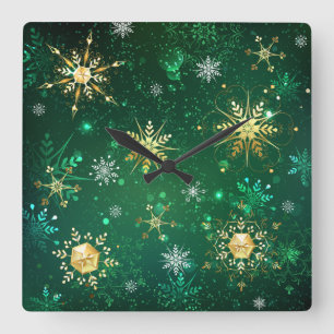 Xmas Golden Snowflakes on Green Background Square Wall Clock