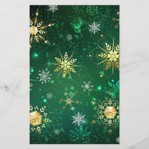 Xmas Golden Snowflakes on Green Background Stationery