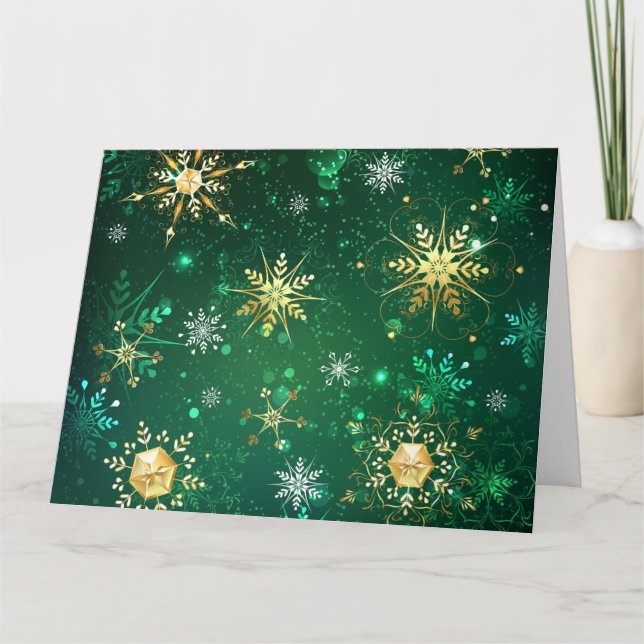 Xmas Golden Snowflakes on Green Background Thank You Card (Front)