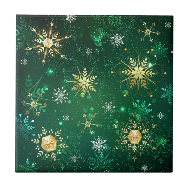 Xmas Golden Snowflakes on Green Background Tile (Front)
