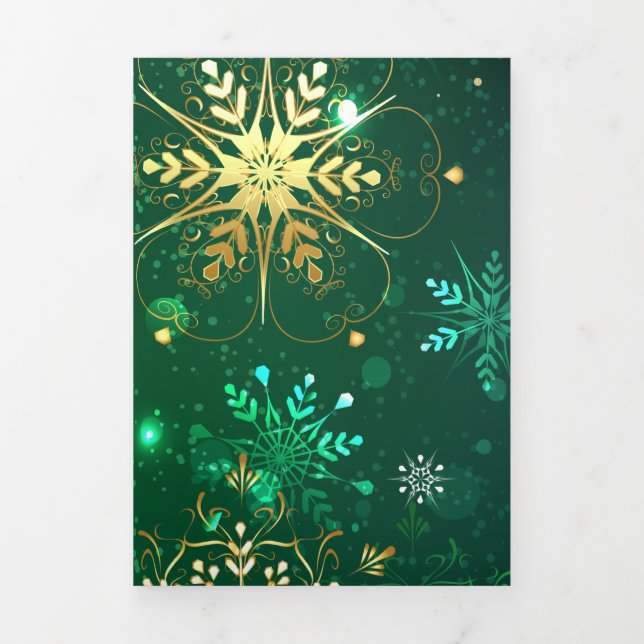 Xmas Golden Snowflakes on Green Background Tri-Fold Card (Cover)