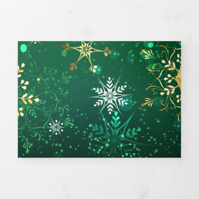 Xmas Golden Snowflakes on Green Background Tri-Fold Programme (Cover)