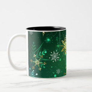 Xmas Golden Snowflakes on Green Background Two-Tone Coffee Mug