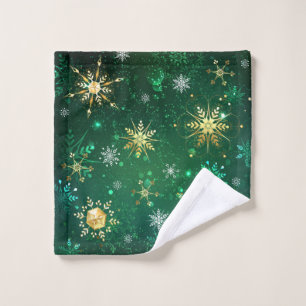 Xmas Golden Snowflakes on Green Background Wash Cloth