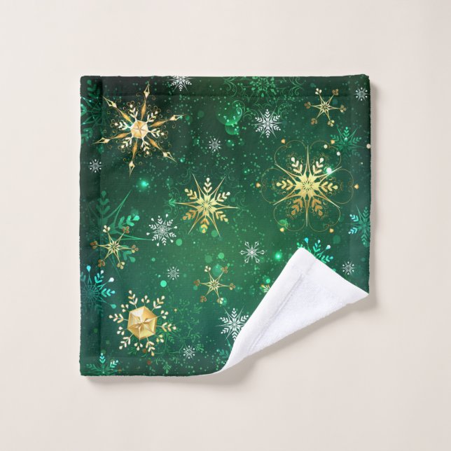 Xmas Golden Snowflakes on Green Background Wash Cloth (Wash Cloth)