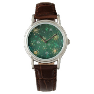 Xmas Golden Snowflakes on Green Background Watch