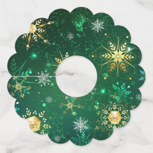 Xmas Golden Snowflakes on Green Background Wine Glass Tag