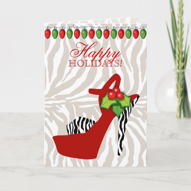 Xmas High Heel Shoe Zebra Red Lights Holiday Card (Front)