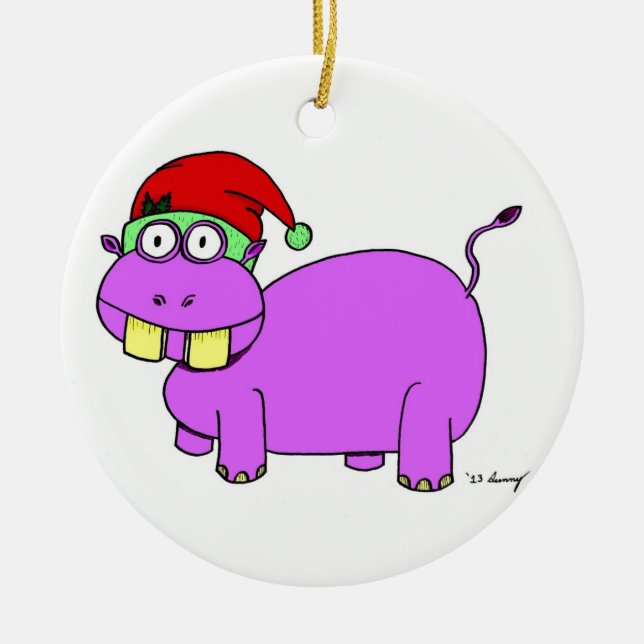 Xmas Hippo Circle Ornament - Red (Front)