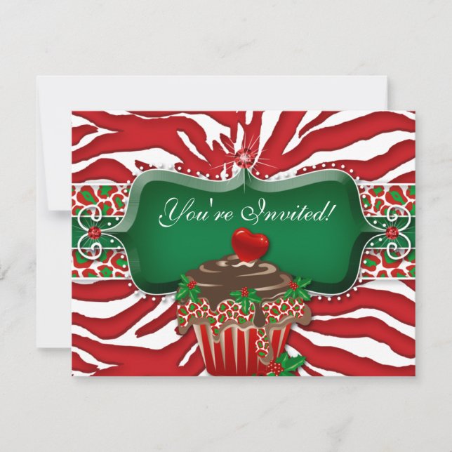 Xmas Holiday Cupcake Zebra Leopard Heart Invitation (Front)