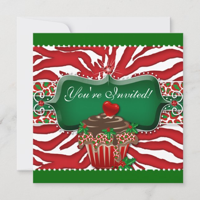 Xmas Holiday Cupcake Zebra Leopard Heart Square Invitation (Front)