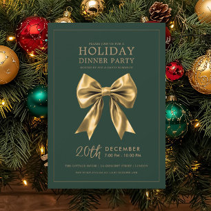 Xmas Holiday Dinner Party Gold Satin Bow Green Invitation