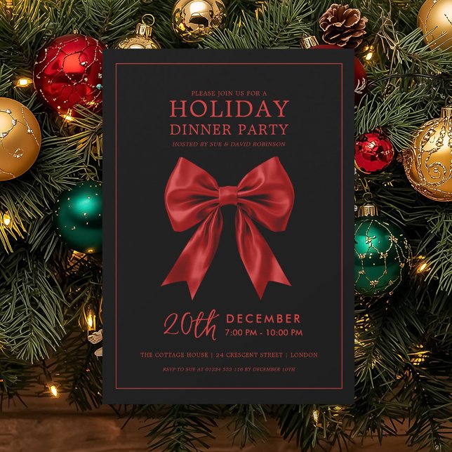 Xmas Holiday Dinner Party Red Satin Bow Black  Invitation (Xmas Holiday Dinner Party Red Satin Bow Black Invitation)