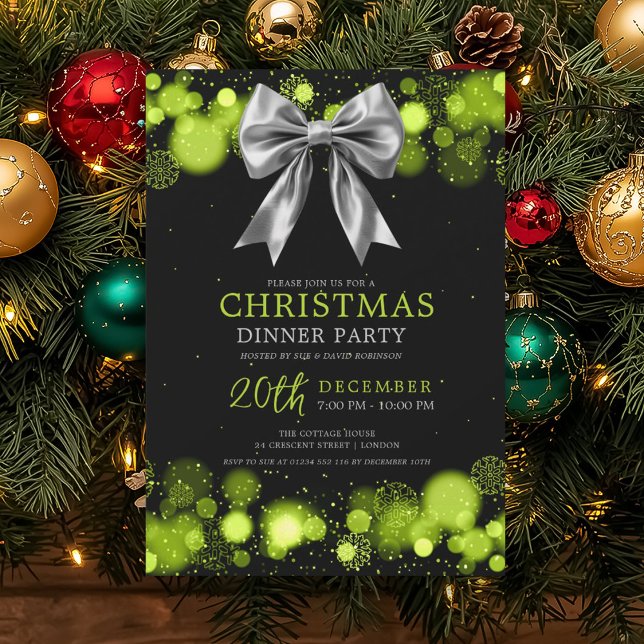 Xmas Holiday Dinner Party Winter Silver Bow Green  Invitation (Xmas Holiday Dinner Party Winter Silver Bow Green Invitation)