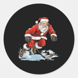 Xmas Holiday Fun Santa Playing Ice Hockey Christma Classic Round Sticker