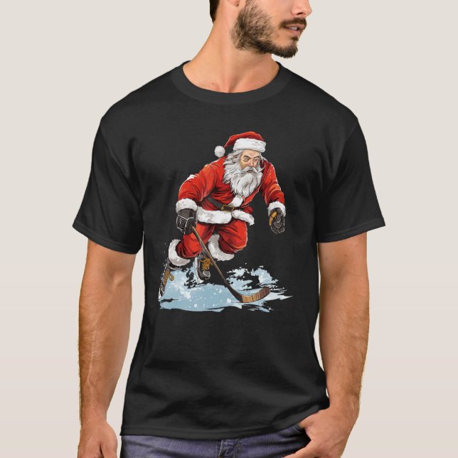 Xmas Holiday Funny Santa Playing Ice Hockey Christ T-Shirt (Front)