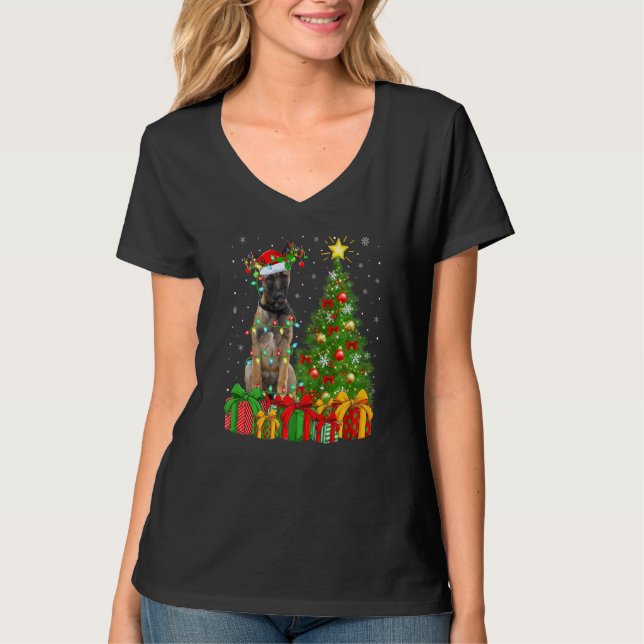 Xmas Holiday Light Santa Belgian Malinois Dog Chri T-Shirt (Front)