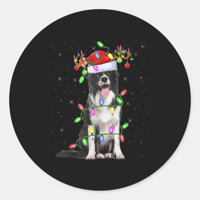 Xmas Holiday Lighting Santa Border Collie Dog Chri Classic Round Sticker (Front)