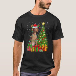 Xmas Holiday Lights Santa Vizsla Dog Christmas Tre T-Shirt