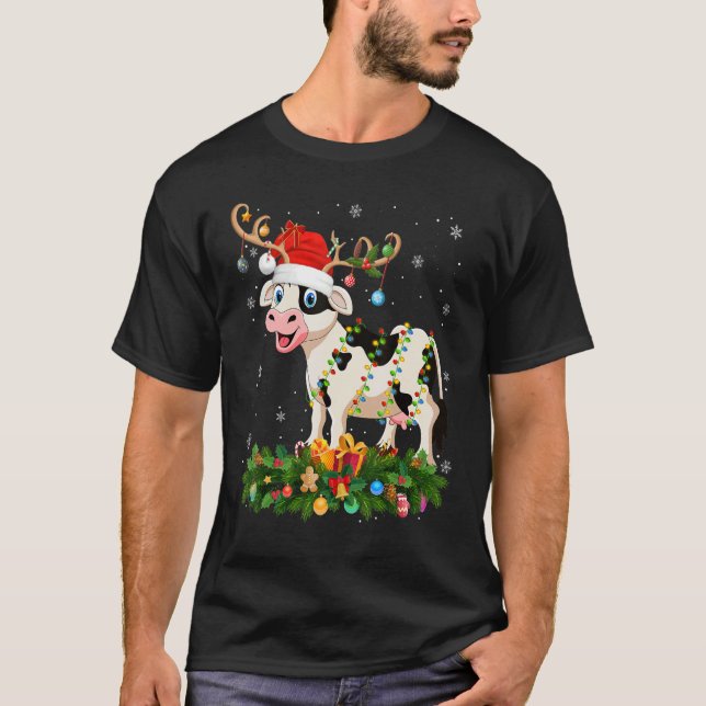 Xmas Holiday Reindeer Hat Santa Cattle Christmas T-Shirt (Front)