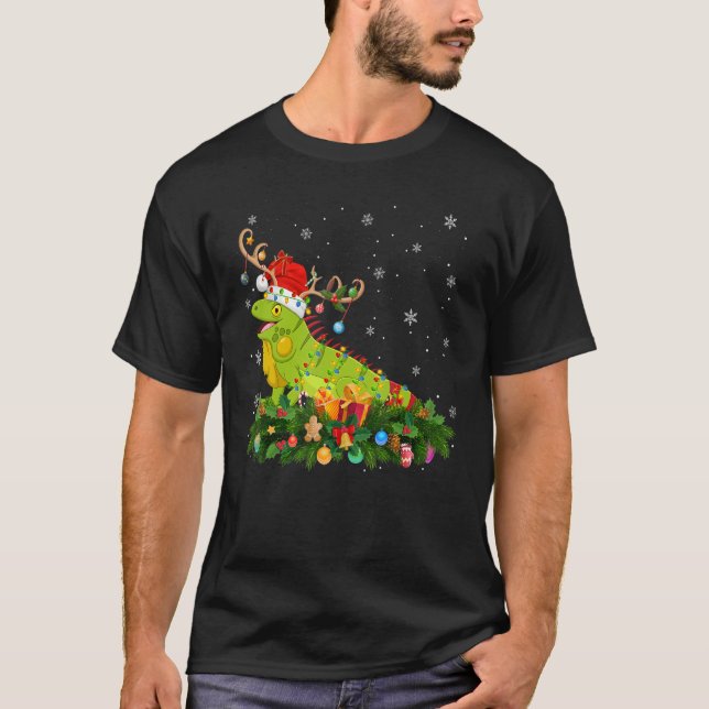 Xmas Holiday Reindeer Hat Santa Iguana Christmas T-Shirt (Front)
