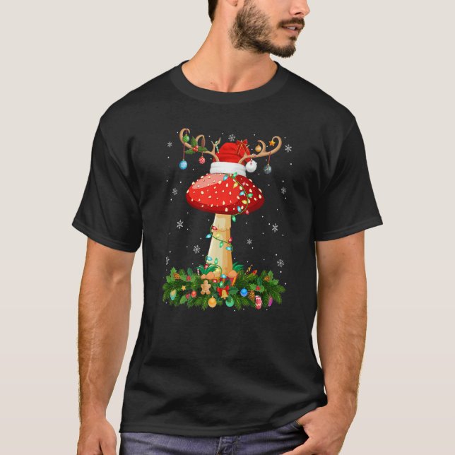 Xmas Holiday Reindeer Hat Santa Mushroom Christmas T-Shirt (Front)