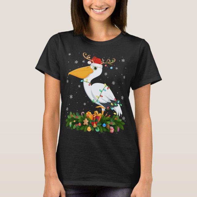 Xmas Holiday Reindeer Hat Santa Pelican Bird Chris T-Shirt (Front)